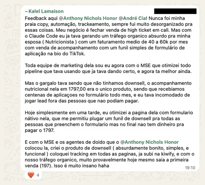 Kalel Lamaison · funil de downsell montado numa tarde, num negócio que fatura de 40 a 60 mil por mês