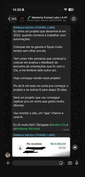 Rebbeca Martins · projeto parado desde 2022 vendido, com Pix de R$ 6.000 na conta