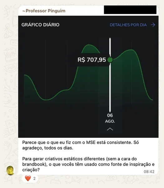 Professor Pinguim · R$ 707,95 por dia, consistente, com criativos feitos no MSE