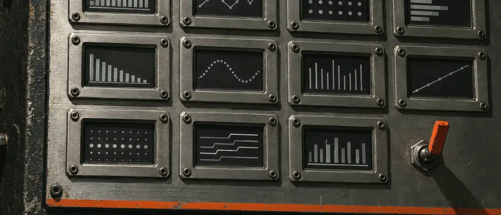 Painel de ferro com onze mostradores pequenos e uma alavanca laranja