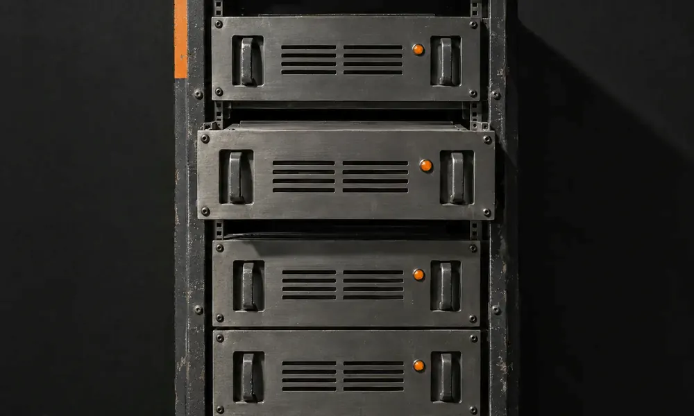Rack de ferro com quatro módulos empilhados, cada um com uma lâmpada laranja acesa